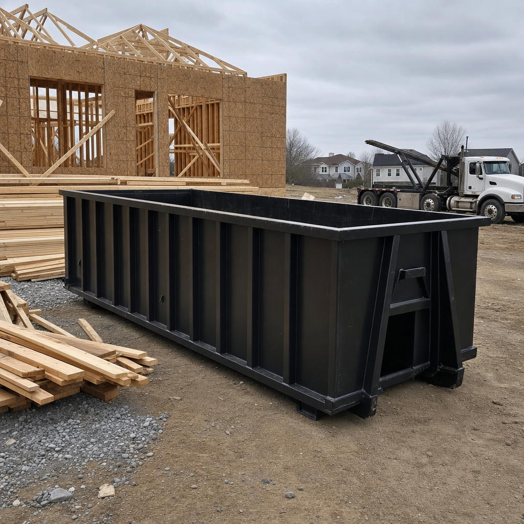 Matte-black 40-yard roll-off dumpster staged on a framed-out residential construction site in Tulsa, framing lumber stacked nearby, hooklift delivery truck visible in the background under bright Colorado daylight