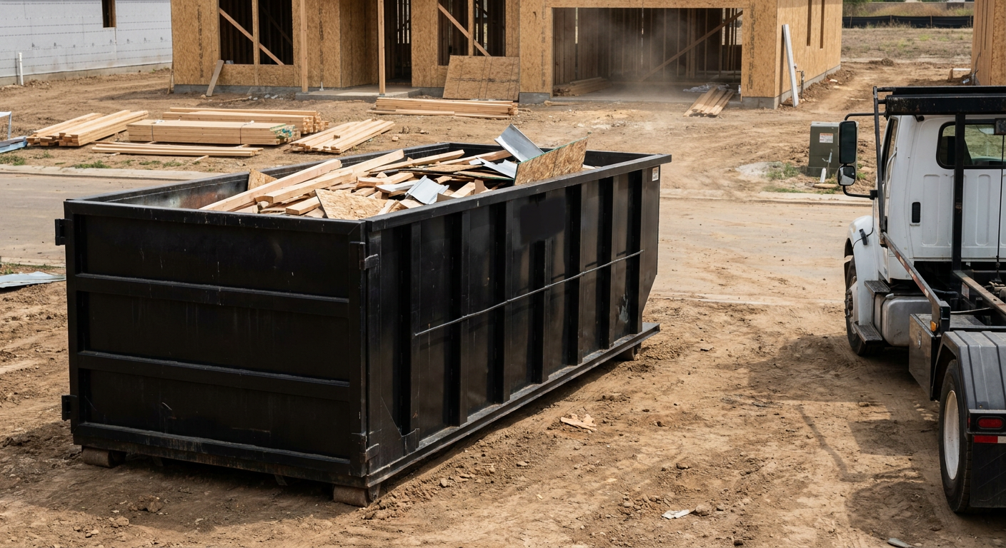 Matte-black 20-yard roll-off construction dumpster with heavy ribbed steel sidewalls and swing rear doors at a working jobsite in Tulsa, sitting directly on compacted dirt with an unmarked white hauler partially visible at the far edge of the frame.