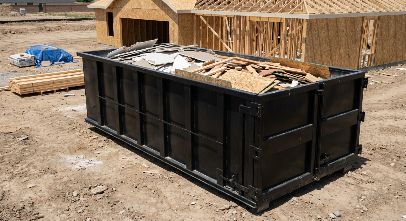 Matte-black 30-yard roll-off construction dumpster sitting directly on the compacted-dirt site of a framed single-family home build in Tulsa, drywall and lumber scrap loaded inside.