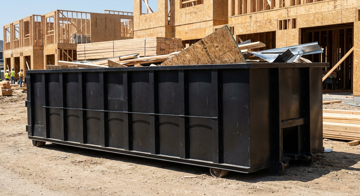 Matte-black 40-yard roll-off construction dumpster being lowered from a white-cab hooklift delivery truck onto the compacted-dirt jobsite at a commercial build site in Tulsa