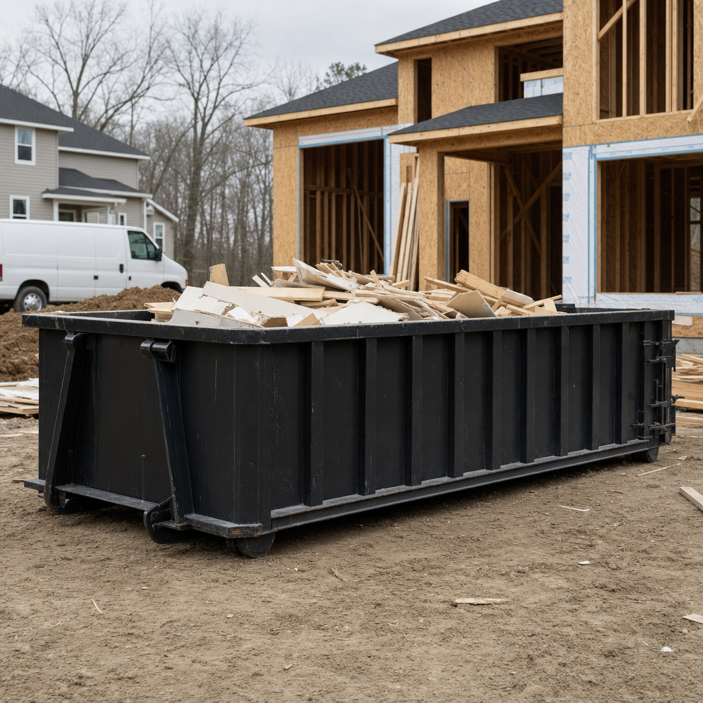 Worker in a yellow high-visibility vest tossing framing lumber and broken drywall into a matte-black 30-yard construction roll-off dumpster on an active build site in Tulsa, bright daylight