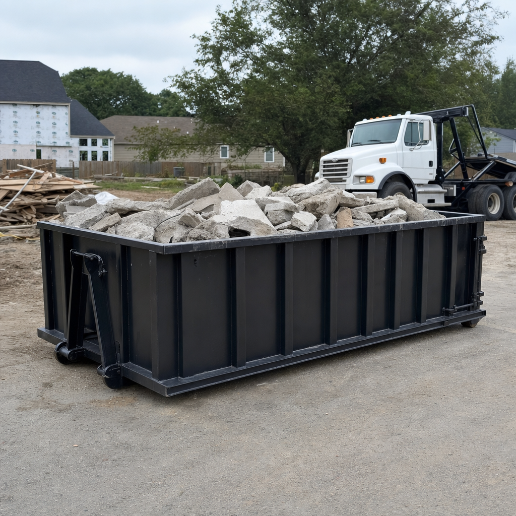 Low-profile matte-black lowboy roll-off dumpster loaded with broken concrete slab and rebar at a foundation tear-out in Tulsa, skid steer parked beside it, sunny Colorado morning