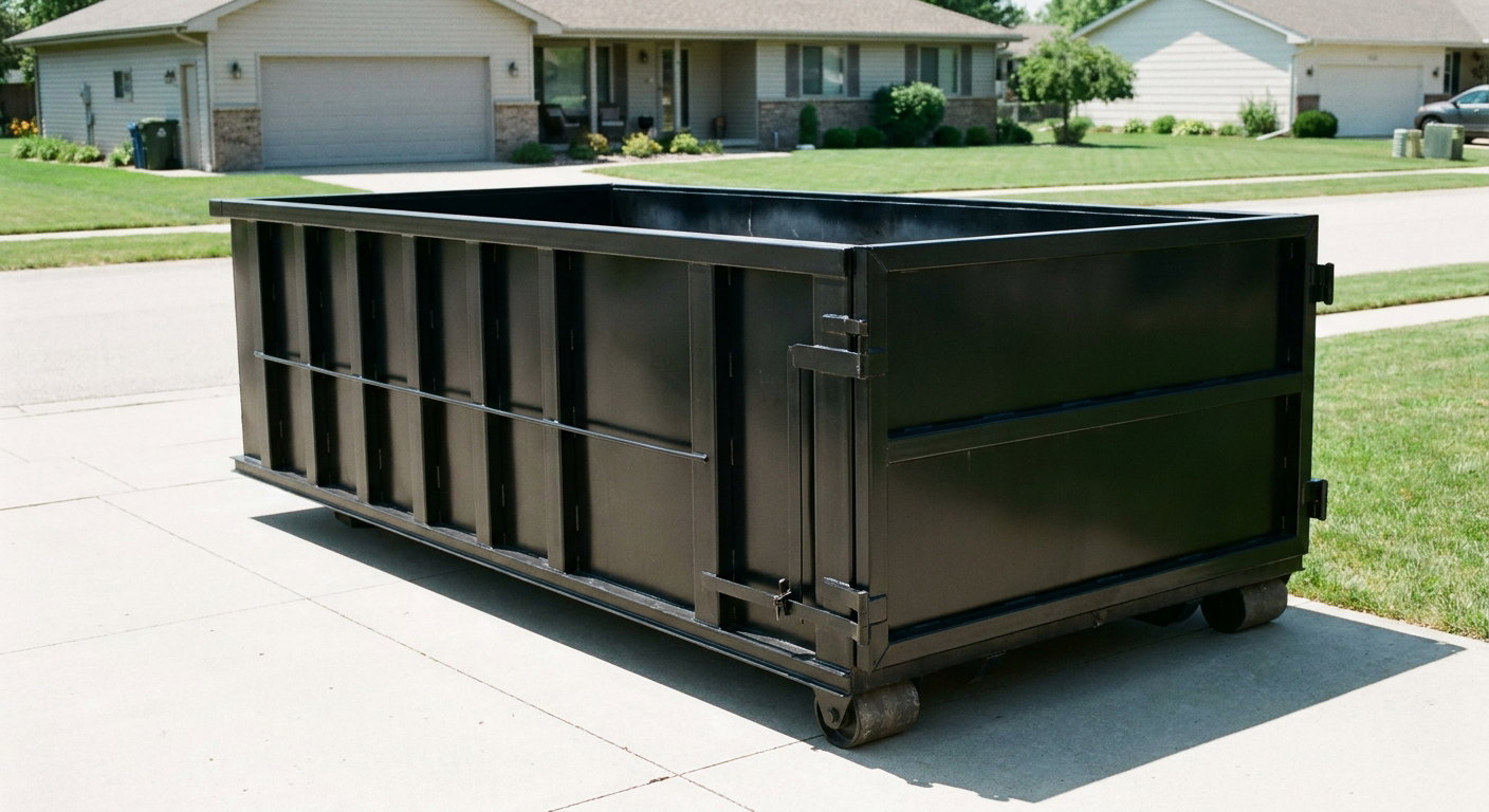 Matte-black 10-yard roll-off dumpster on a residential concrete driveway in Tulsa, uniformly painted matte black across every panel and rail, ribbed steel sidewalls and rear swing door visible, mid-day daylight.