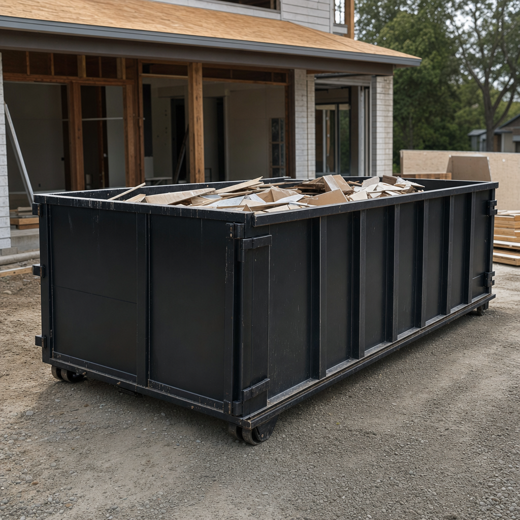 Large matte-black 30-yard construction roll-off dumpster at an active Tulsa jobsite, steel-gray top rails and bottom rollers visible, loaded with construction debris.