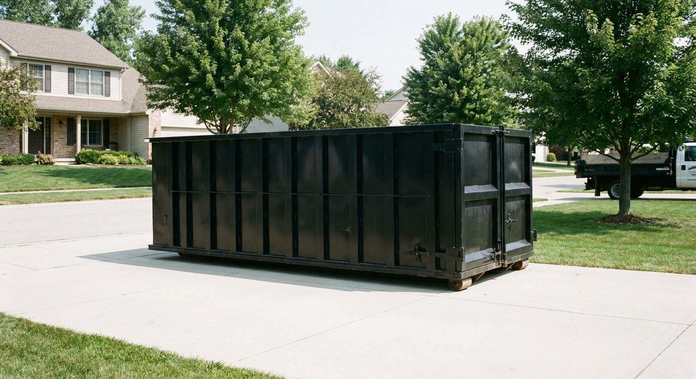 Matte-black 20-yard roll-off dumpster sitting level on a clean Tulsa residential concrete driveway under bright daylight, demonstrating clean placement directly on the concrete.