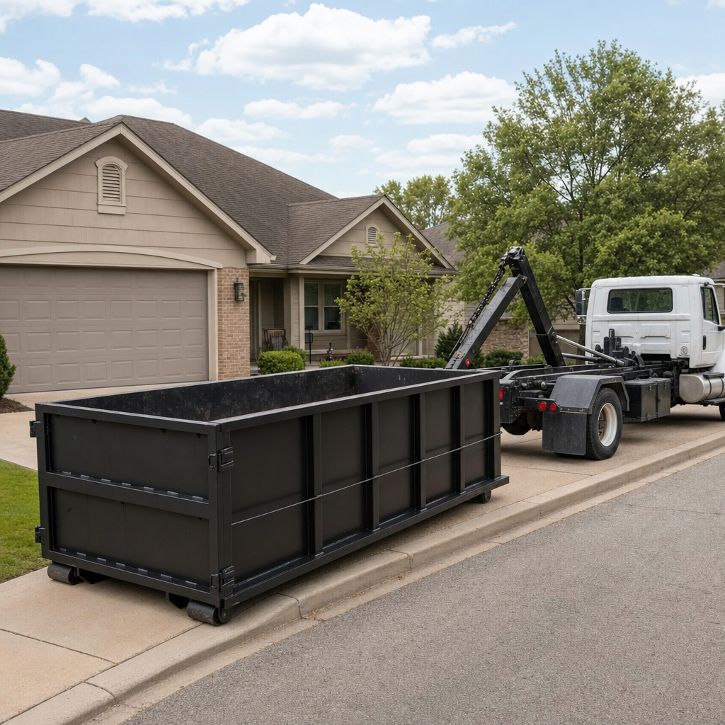 Wide documentary shot of a matte-black roll-off dumpster on a Tulsa residential driveway in the foreground and a contractor jobsite container in the soft-focus background, bright daylight, calm and orderly composition.