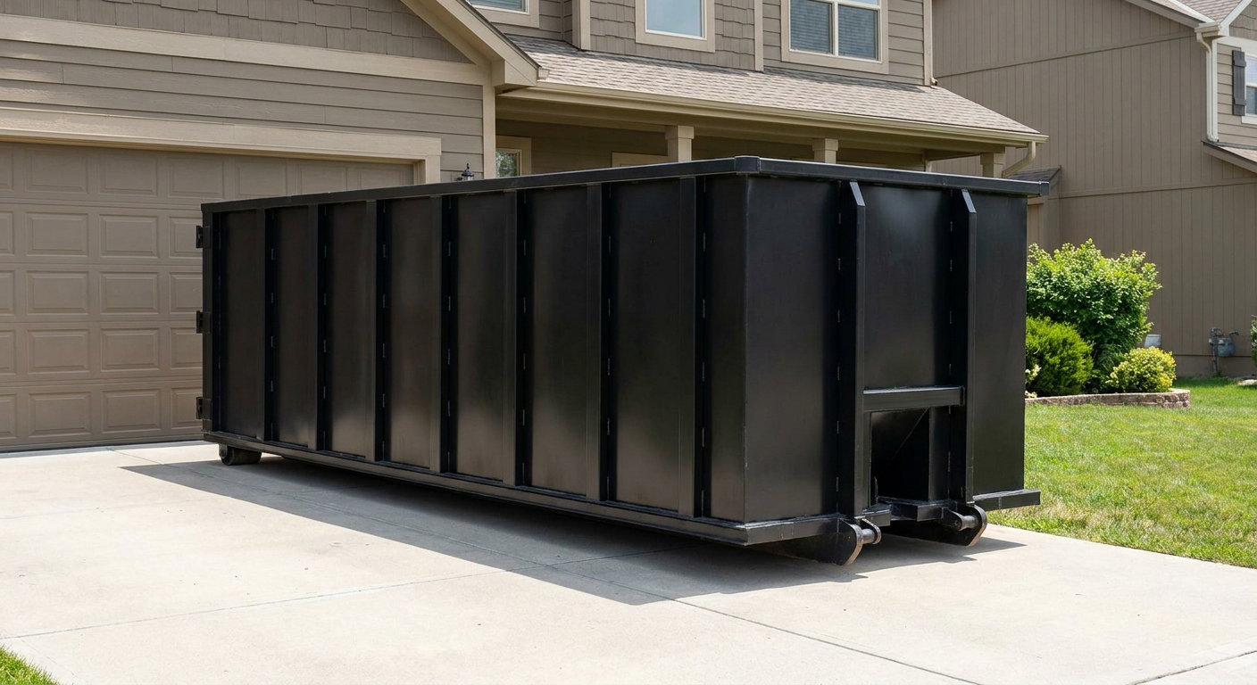 Matte-black residential roll-off dumpster sitting directly on a suburban Tulsa concrete driveway, garage door closed, single-family home in background, bright morning daylight.
