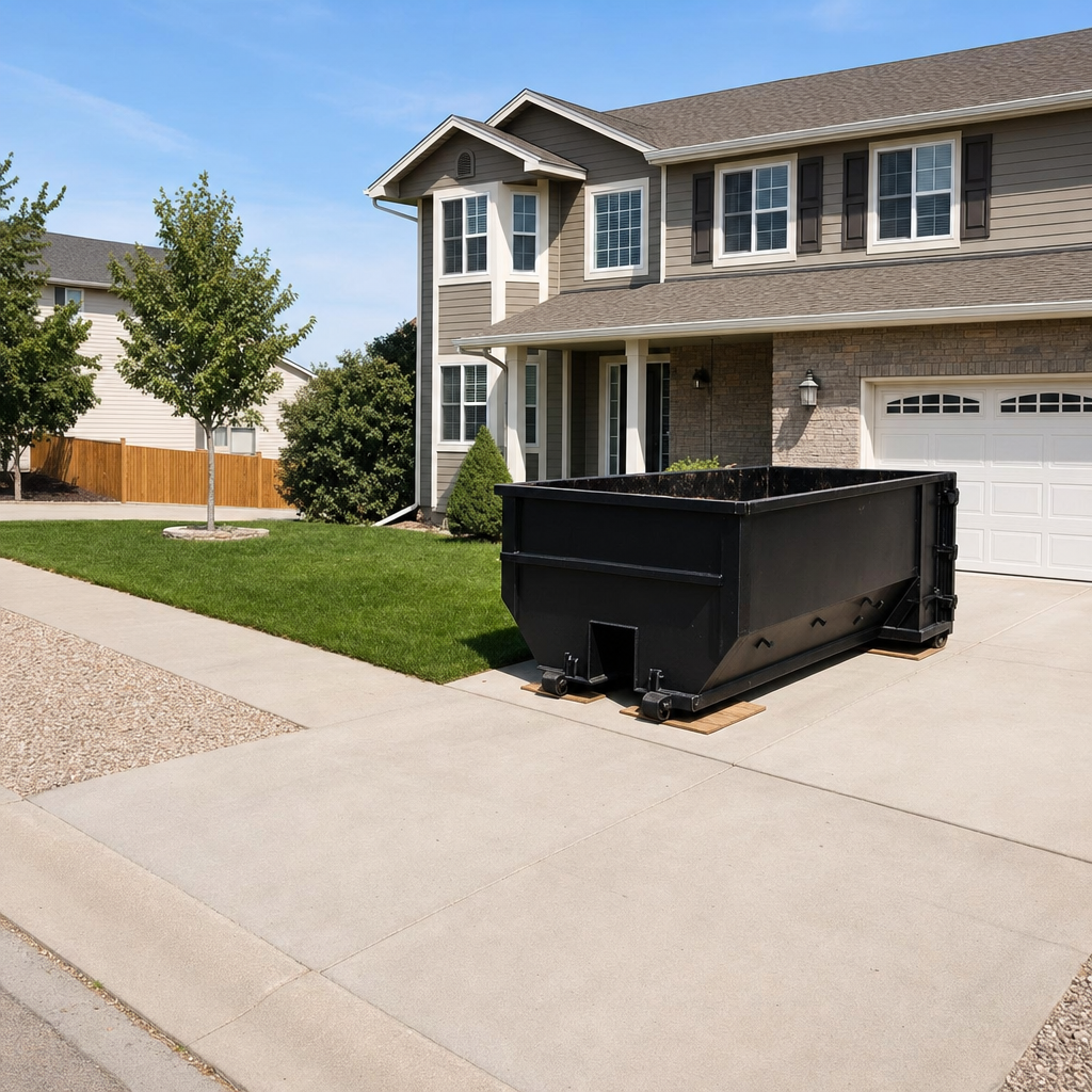 10-yard matte-black residential dumpster placed directly on a narrow Tulsa concrete driveway, room remains for a parked sedan beside it, mid-morning natural light