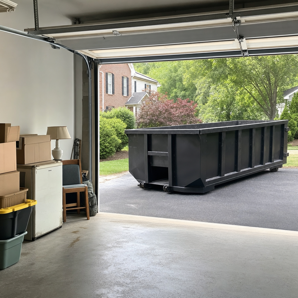 Open garage interior in a Tulsa home mid-cleanout — boxed items, an old appliance, and stacked yard tools queued near the driveway for a matte-black roll-off dumpster, organized and calm