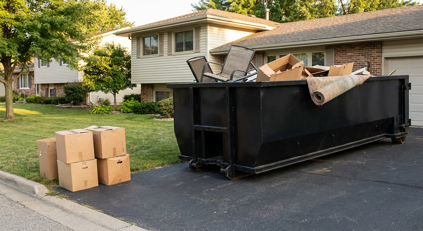 Front-yard view of a Tulsa split-level home with a 20-yard matte-black roll-off dumpster sitting directly on the asphalt driveway, a few clearly labeled donation boxes staged at the curb, calm sunny afternoon.