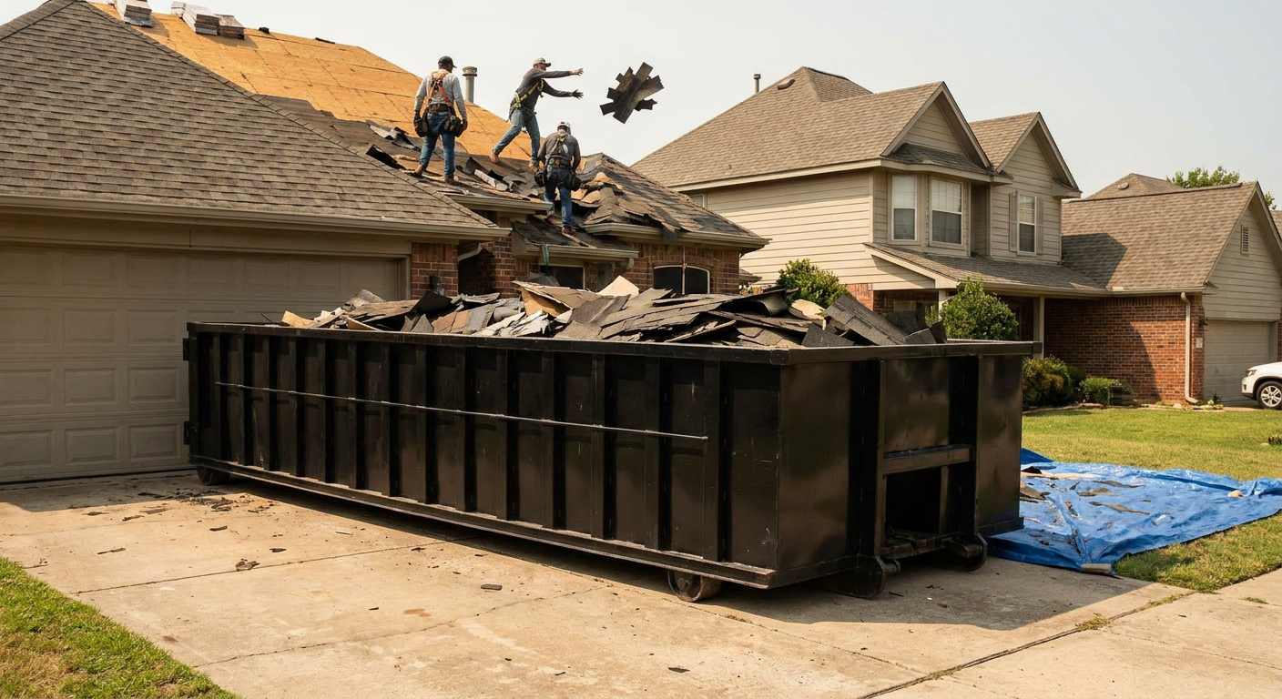 Matte-black roofing roll-off dumpster placed directly on a Tulsa residential concrete driveway, a tear-off crew on a two-story asphalt-shingle roof tossing shingle bundles into the low-walled container, bright daylight, documentary 35mm perspective.