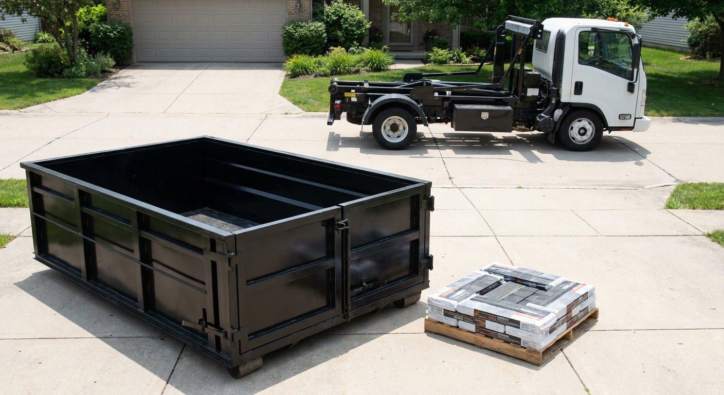 Matte-black 15-yard roofing roll-off dumpster with reinforced low side walls sitting directly on a Tulsa residential concrete driveway, three-tab asphalt shingle bundles stacked nearby, an unmarked white hauler truck partially visible at the edge of the frame.