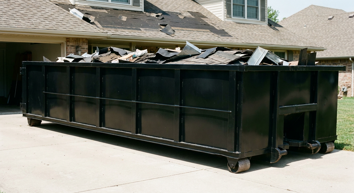 Matte-black 20-yard roofing roll-off dumpster with steel ribbed sides and swinging rear door, sitting directly on the concrete driveway of a two-story Tulsa home, asphalt shingle debris being loaded over the low wall, clean documentary lighting.