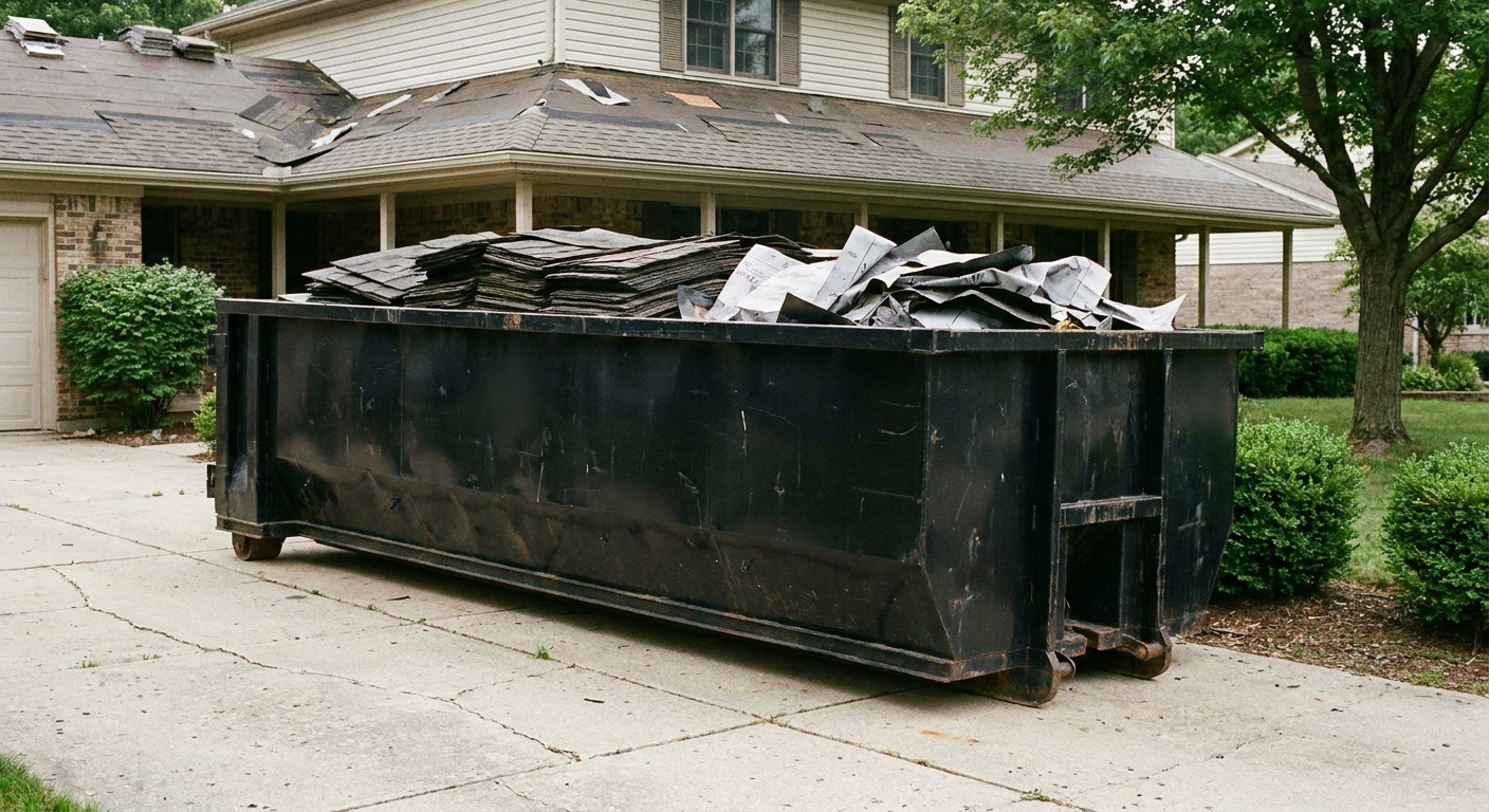 Matte-black 30-yard roofing roll-off dumpster sitting directly on a Tulsa concrete driveway, taller ribbed steel side panels, mixed tear-off debris of asphalt shingles and underlayment inside, professional documentary daylight.