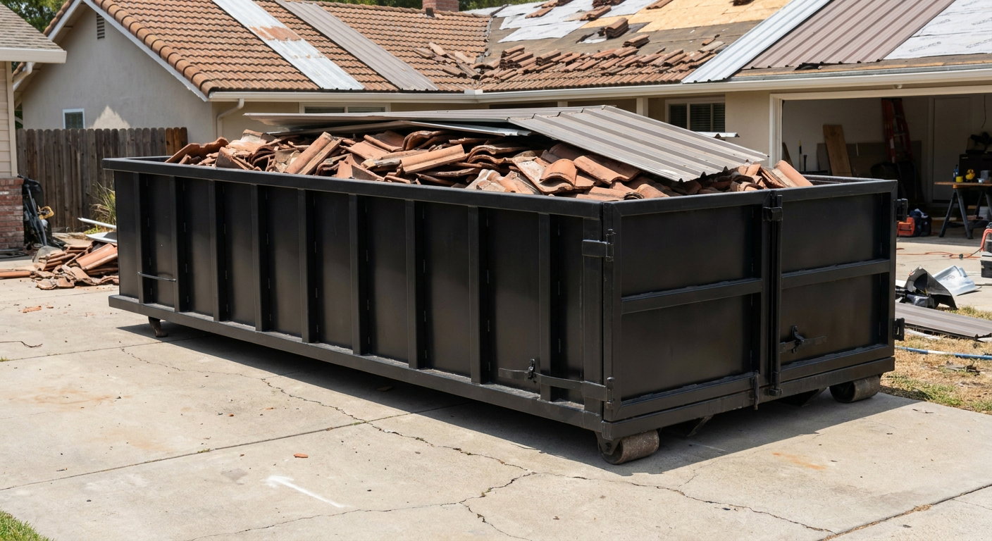 Matte-black low-wall heavy-debris roofing roll-off dumpster sitting directly on a Tulsa concrete driveway, broken concrete clay roof tiles and metal panel sections loaded inside, reinforced ribbed steel side walls visible, bright outdoor daylight.