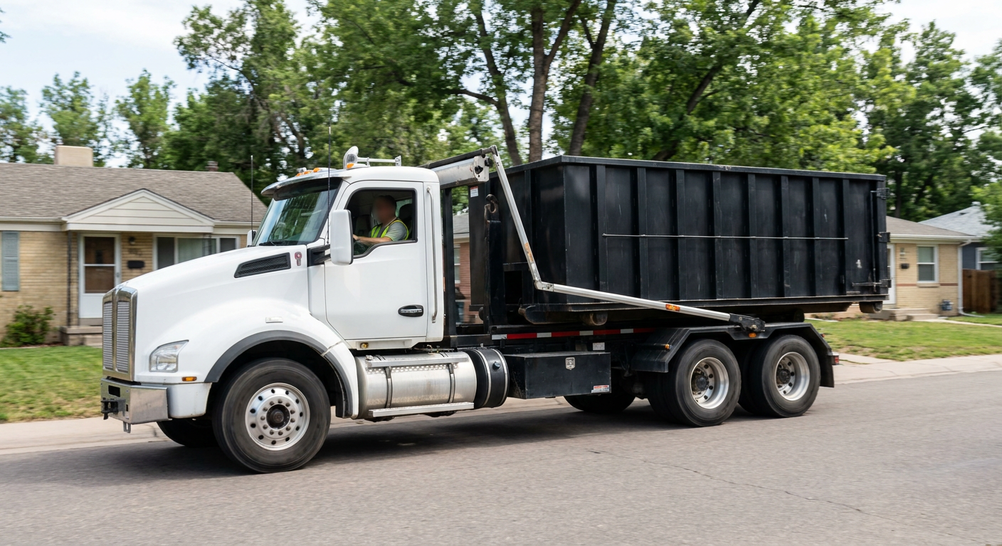 A wide documentary shot of a matte-black roll-off delivery truck pulling onto a quiet Tulsa residential street at mid-morning, with neighborhood rooftops and tree-lined blocks visible behind, showing the metro coverage footprint.