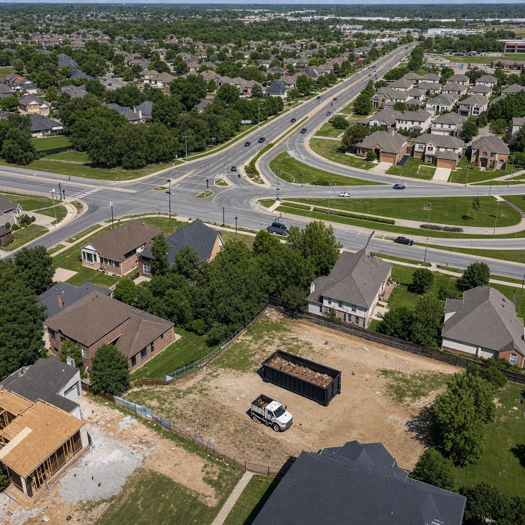 An overhead documentary view of the Tulsa metro area at midday, showing the spread of neighborhoods, arterial roads, and the dispatch radius from a central yard — clean daylight, organized geographic layout.