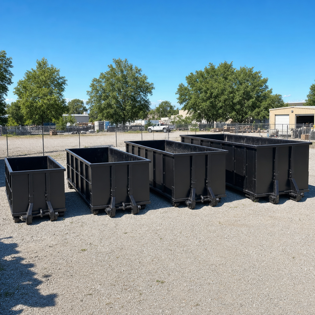A clean lineup of matte-black roll-off dumpsters in 10, 20, 30, and 40-yard sizes staged on a sunlit gravel yard in Tulsa, showing the size progression from compact to commercial-scale containers.