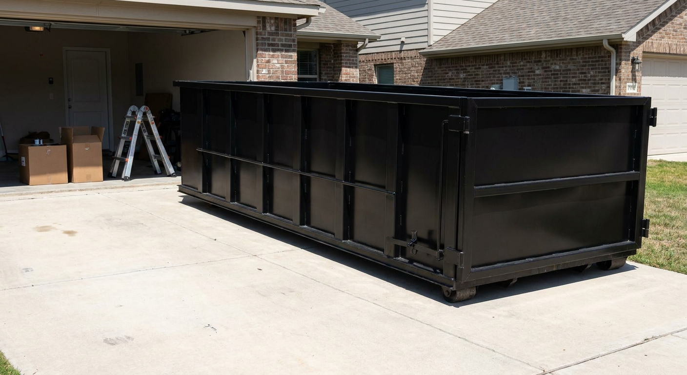 A matte-black 10-yard roll-off dumpster sitting directly on a residential Tulsa concrete driveway, mid-day sunlight, clean and ready for a garage cleanout.