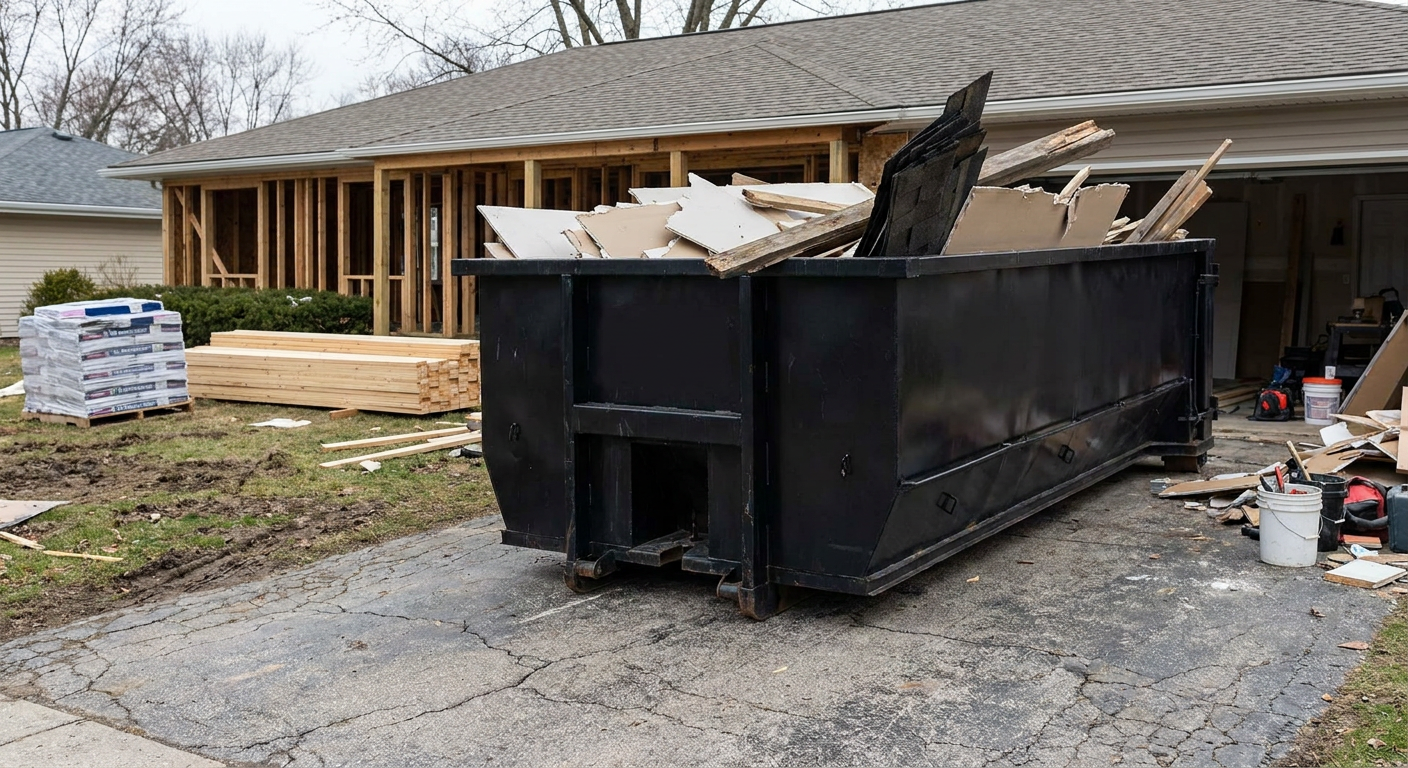 A matte-black 20-yard roll-off dumpster placed alongside a mid-renovation Tulsa home directly on the asphalt driveway, with framing materials and torn-off shingles staged neatly nearby.