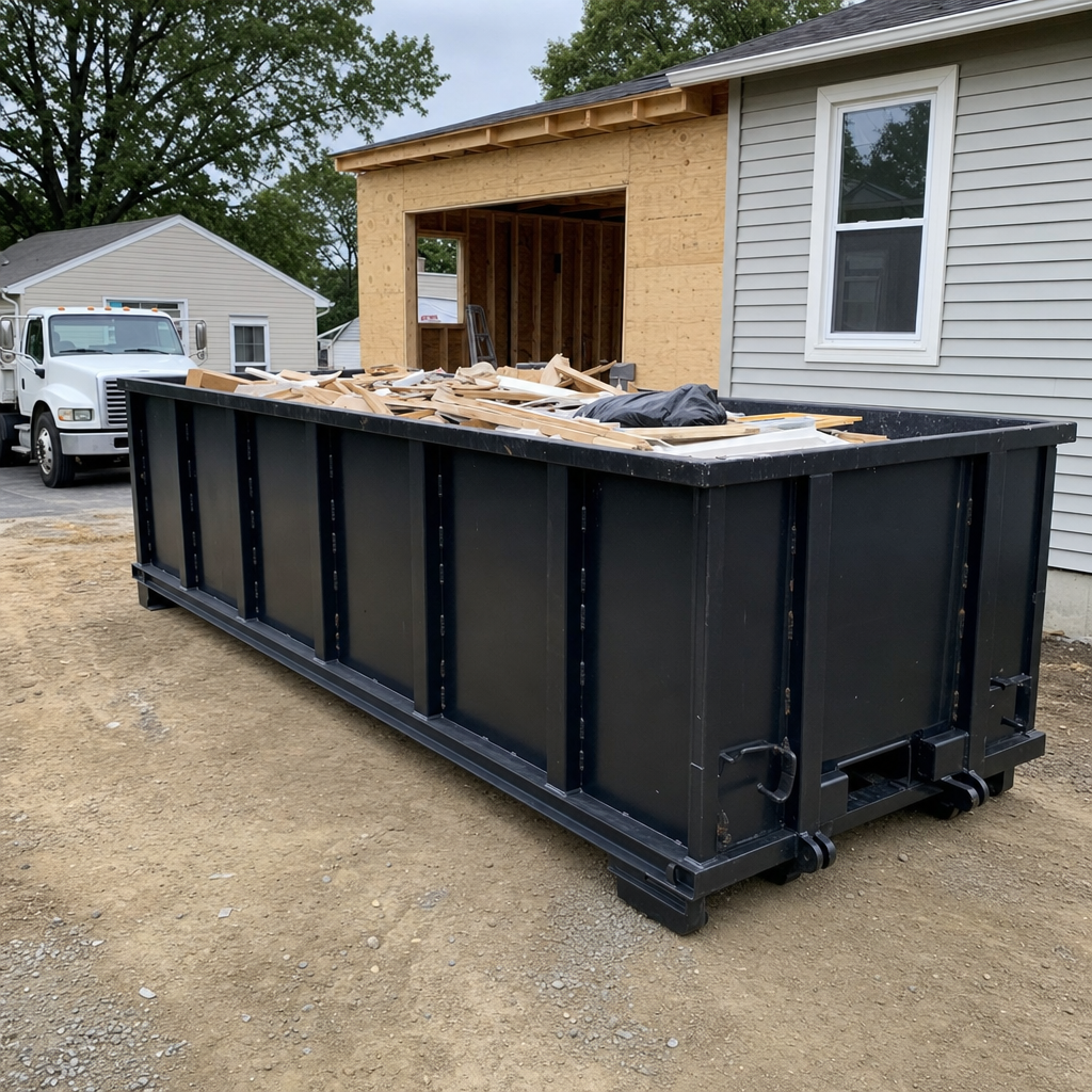 A matte-black 30-yard roll-off dumpster positioned at a Tulsa residential addition jobsite, with framing lumber and drywall scraps loaded through the open swinging rear doors.