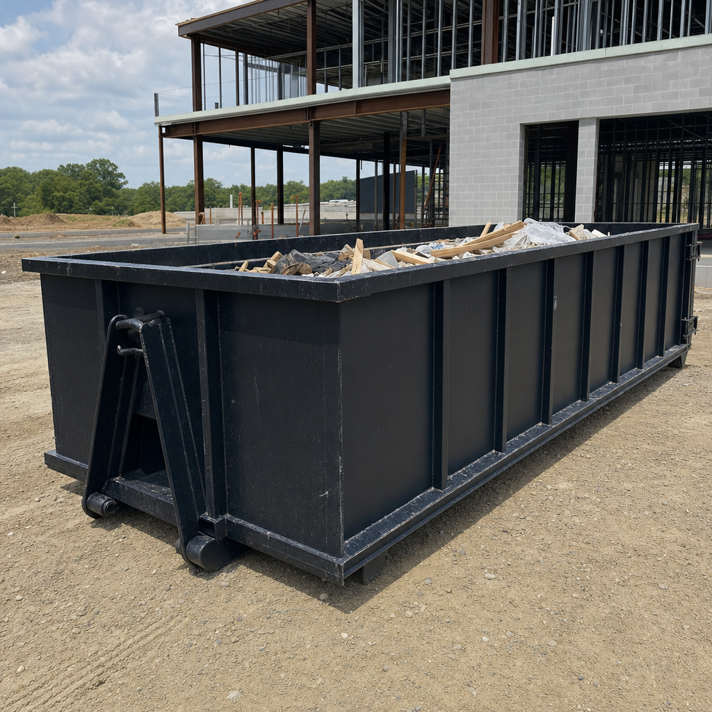 A matte-black 40-yard roll-off dumpster staged on a large Tulsa commercial construction lot, with a hooklift delivery truck parked alongside under bright midday sky.