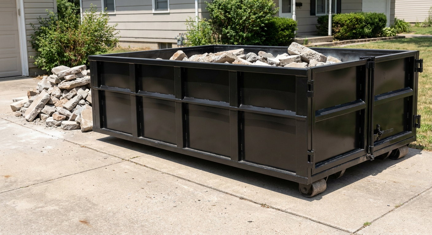 A matte-black low-side heavy-debris roll-off dumpster placed directly on a Tulsa concrete driveway, with broken concrete chunks neatly stacked beside it under clean daylight.